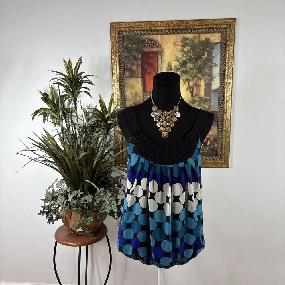 Wrapper | Y2K bubble polka dot top (Category: Sleeveless) located in Adams. Submitted by luckygirl.closet (Listing ID 1460571332, Image 2). Description: M on tag No issues Puffy princess style vibrant mix of turquoise, purple, and white polka dots with a black lace scoop neckline.