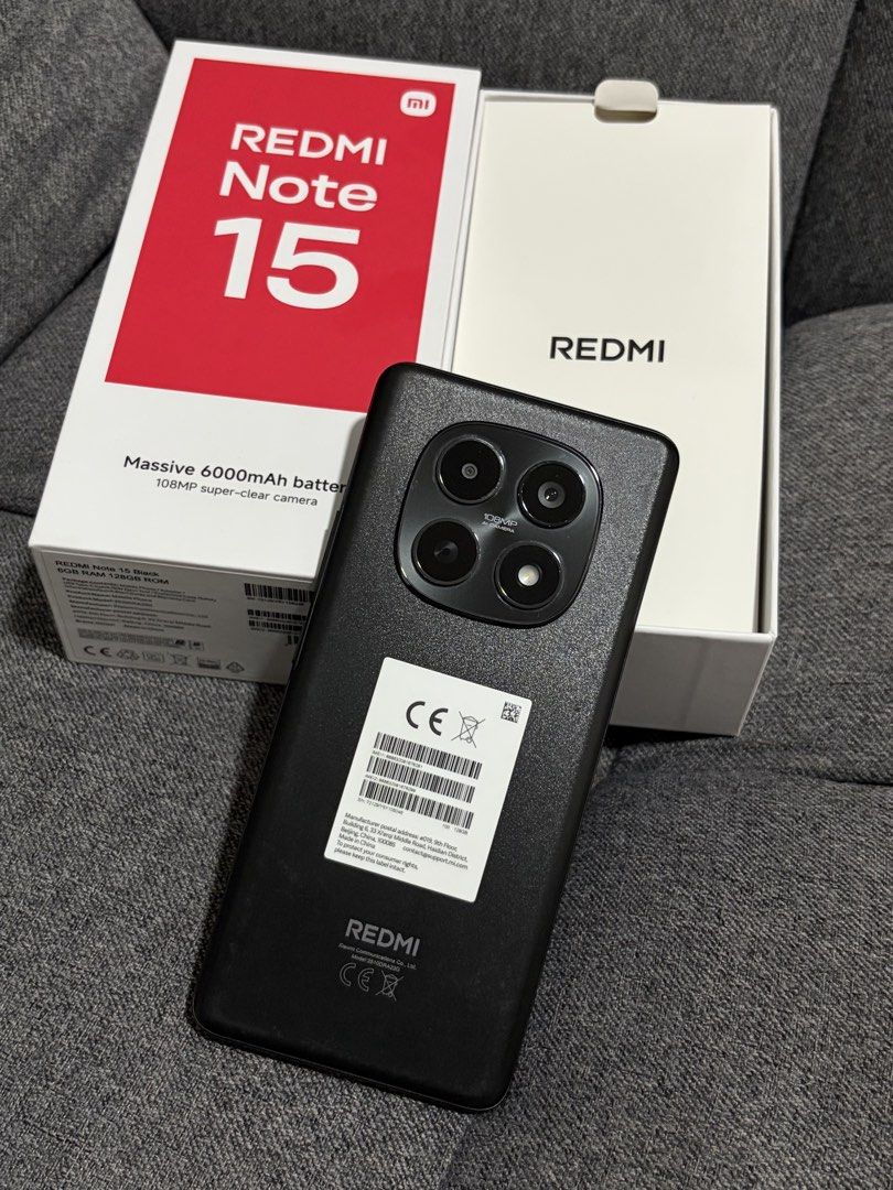 Xiaomi Redmi Note 15 (Category: Xiaomi) located in Makati City. Submitted by thriftthriveph (Listing ID 1460513058, Image 1). Description: Redmi Note 15 128gb 100% battery health Complete with original box, original charger set & cases NO ISSUE 4 month old, backup phone. With remaining official warranty 📍Plaridel.