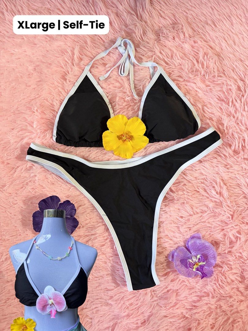XL Black Self-Tie Bikini Set with White Trim (Category: Bikinis & Swimsuits) located in Manila. Submitted by ki_leya (Listing ID 1460640691, Image 1). Description: brand new with pouch ₱150 📍cubao 🚚 jnt, lalamove, pick up.