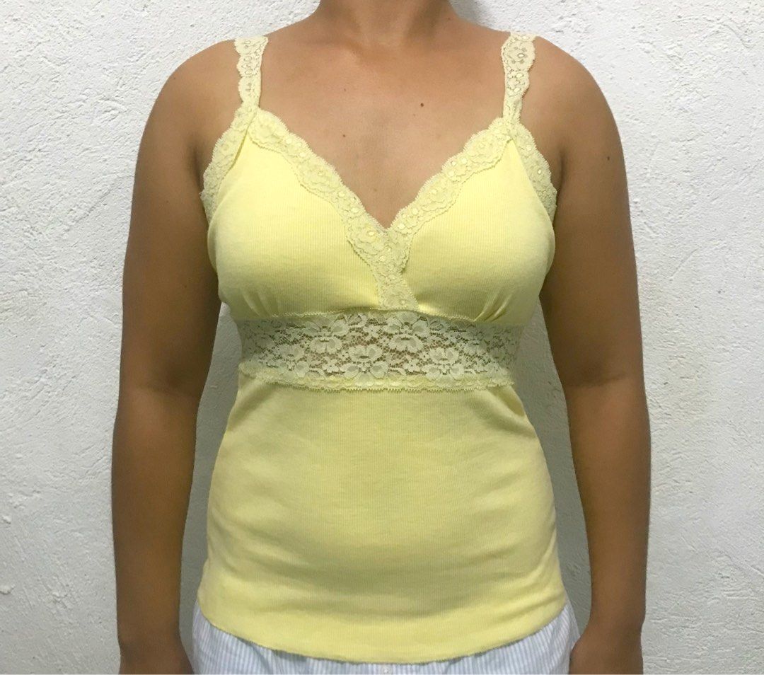 Yellow Lace Trim Sleeveless Top (Category: Sleeveless) located in Davao. Submitted by mira_e02 (Listing ID 1460639272, Image 3). Description: Can fit to S-M girlies . .