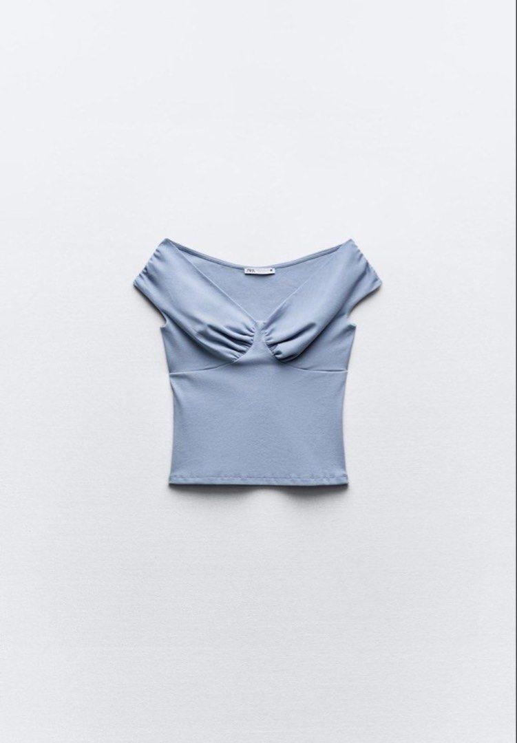 Zara Blue Off Shoulder Top (Category: Blouses) located in Quezon City. Submitted by tshsmnl (Listing ID 1460667006, Image 1). Description: Small on tag Smallest size (can fit xs-s) No flaws Used twice only Shipping via lalamove only.