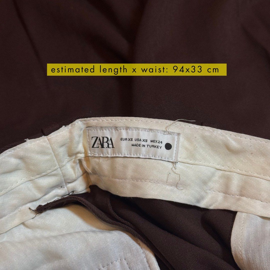 ZARA chocolate brown pleated trousers (Category: Other Bottoms) located in Taguig. Submitted by gofundmeow (Listing ID 1460695277, Image 3). Description: RFS: I only wear black-and-white now Please note this pants’ length has been altered for my 4’11 height— refer to estimated length in the photo..