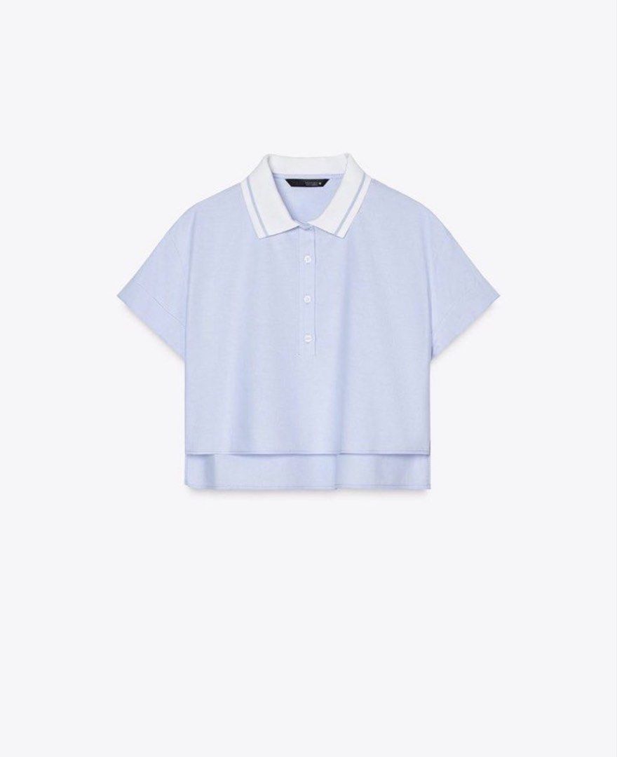 ZARA knitted polo collar (Category: Tshirts & Polo Shirts ) located in Quezon City. Submitted by lovedbymca (Listing ID 1460538849, Image 1). Description: - Light blue cropped polo shirt - White collar with blue stripes - Button-up front - Short sleeves - XS - Ideal for casual wear - Versatile and easy to style.