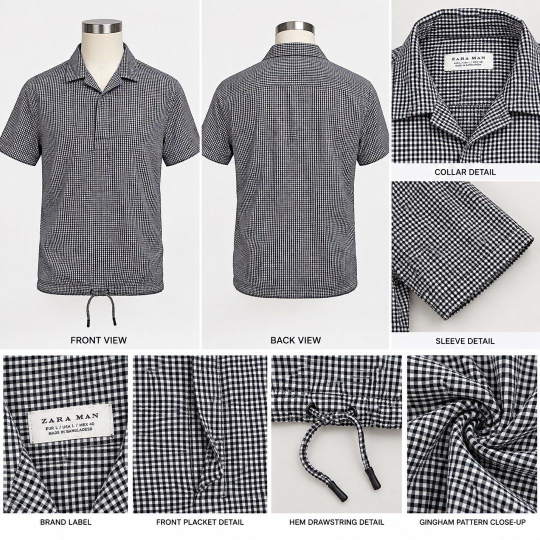 Zara Man Black & White Gingham Short-Sleeve Drawstring Shirt (Category: Formal Shirts) located in Bacoor. Submitted by gailscollections (Listing ID 1460712264, Image 1). Description: Classic Zara Man short-sleeve shirt featuring a timeless black-and-white gingham check pattern. Designed with a relaxed fit, open collar, short sleeves, front button placket, and an adjustable drawstring hem with black-tipped cords..