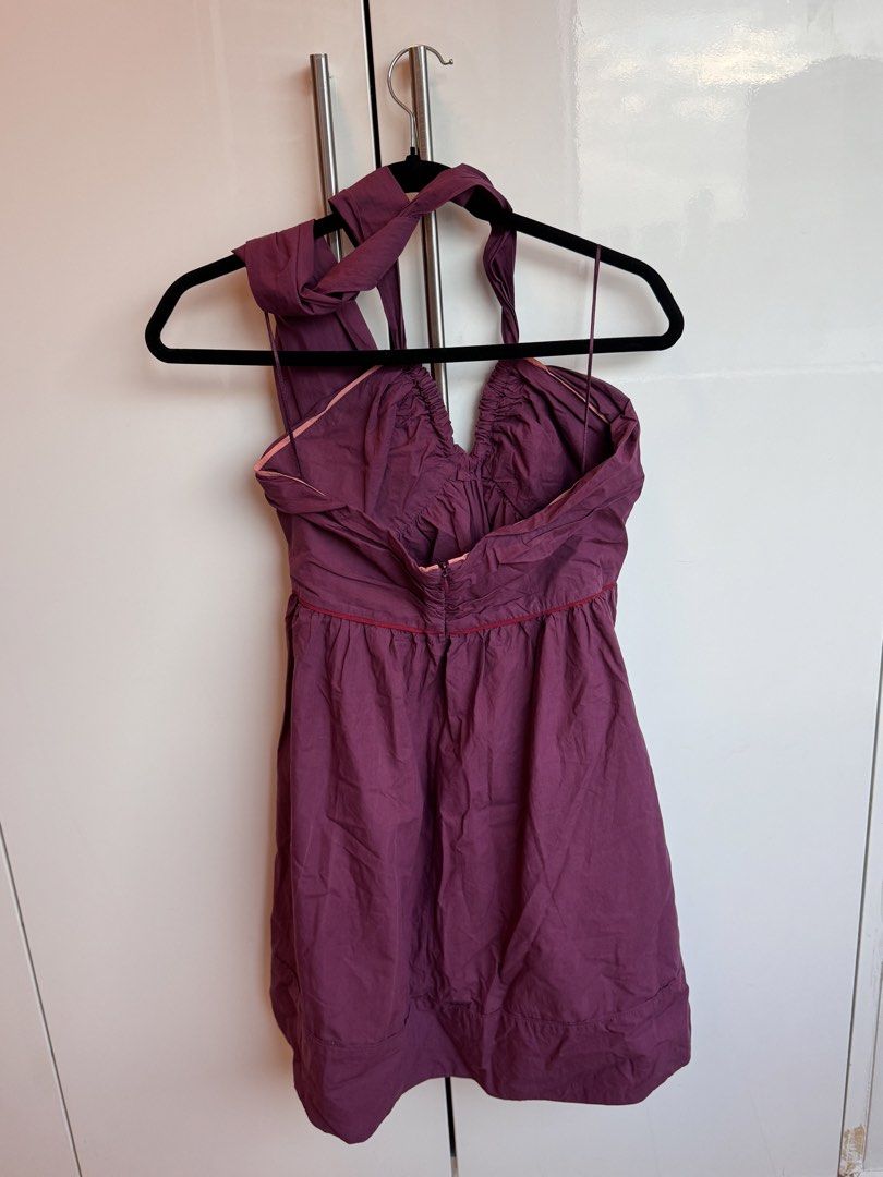 Zara Plum Halter Mini Dress (M) (Category: Dresses) located in Makati City. Submitted by snoopysellsthings (Listing ID 1460610693, Image 2). Description: - Lightly used - With pockets - Neck straps can be tied multiple ways.