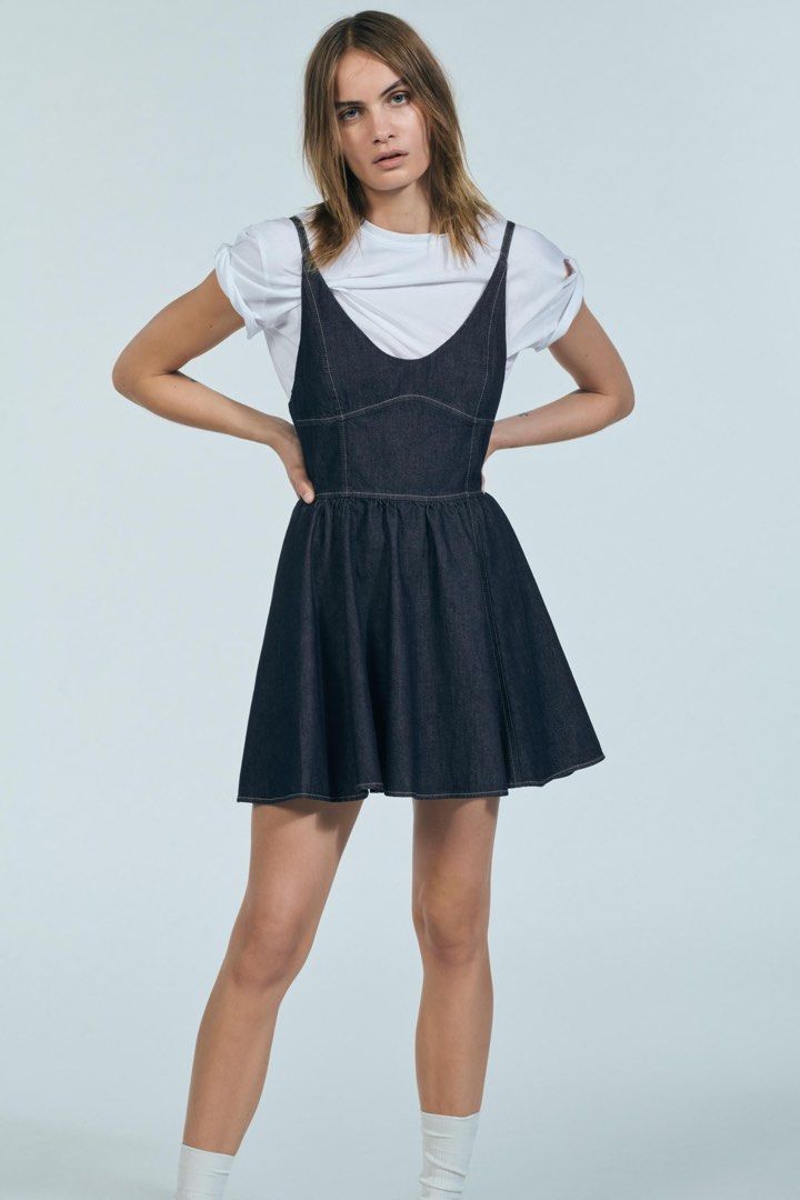Zara TRF Denim Swing Mini Dress (Category: Dresses) located in Tarlac. Submitted by samdeclutters_ (Listing ID 1460576245, Image 1). Description: - Size: XS - Color: Dark Indigo Blue - Style: Corset-style bodice and fit-and-flare skirt - Used once - RFS: Doesn’t fit me anymore.